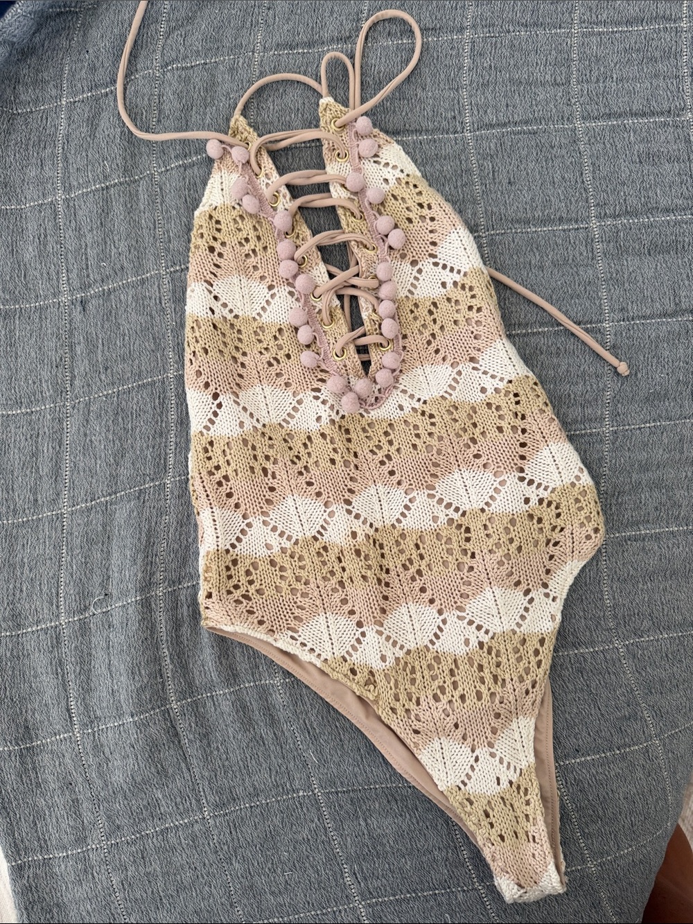 TulaRosa- Crochet One-Piece Swimsuit in Beige, White & Taupe